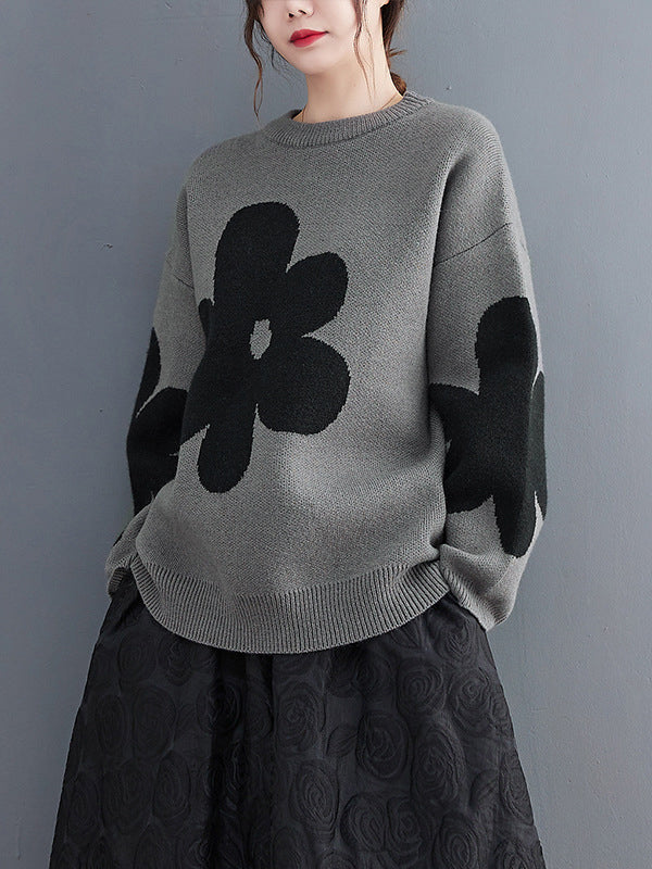 flowersverse Casual Loose Long Sleeves Contrast Color Jacquard Round-Neck Sweater Tops