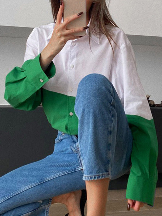 flowersverse Buttoned Contrast Color Long Sleeves Loose Lapel Blouses&Shirts Tops