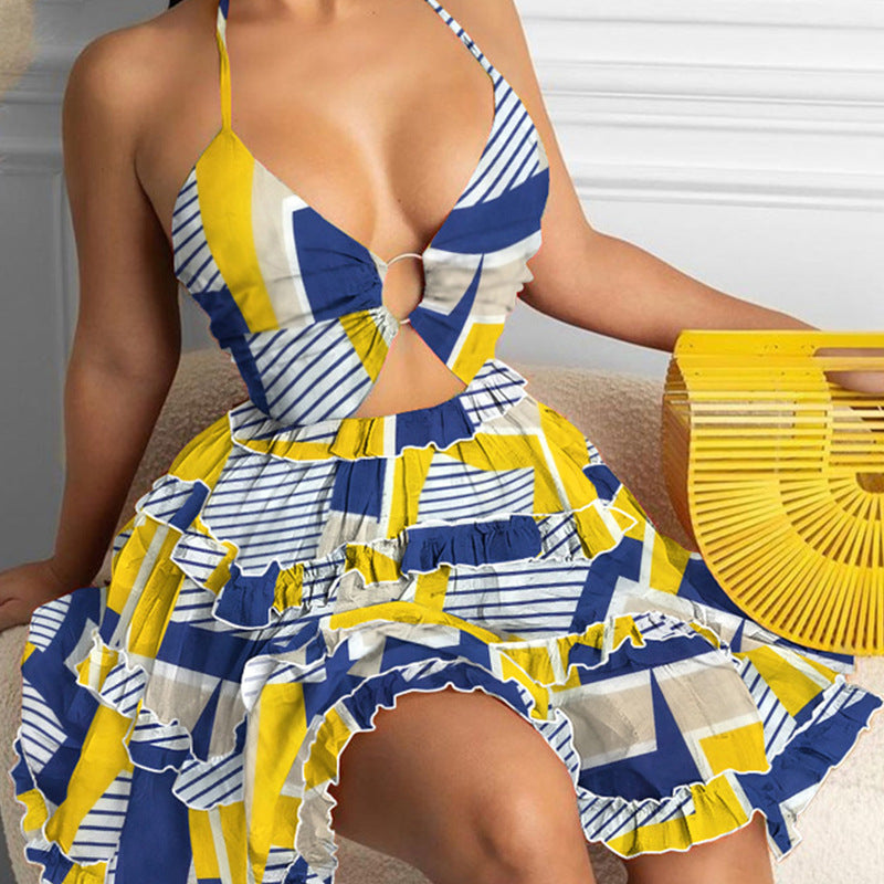 flowersverse Women's Summer Sexy Cutout Halter Neck V-Neck Cake Dress