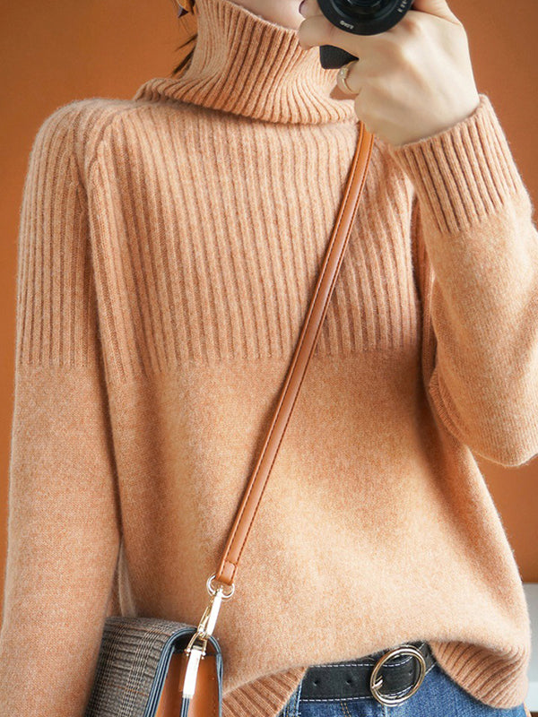 flowersverse Casual Long Sleeves Loose Solid Color High-Neck Sweater Tops