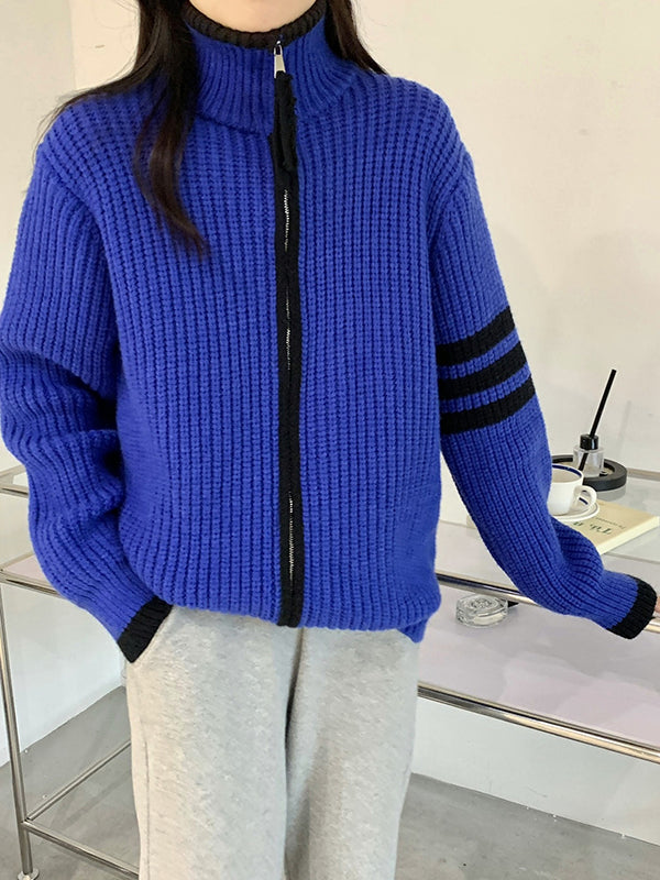 flowersverse Casual Contrast Color Zipper High-Neck Cardigan Tops