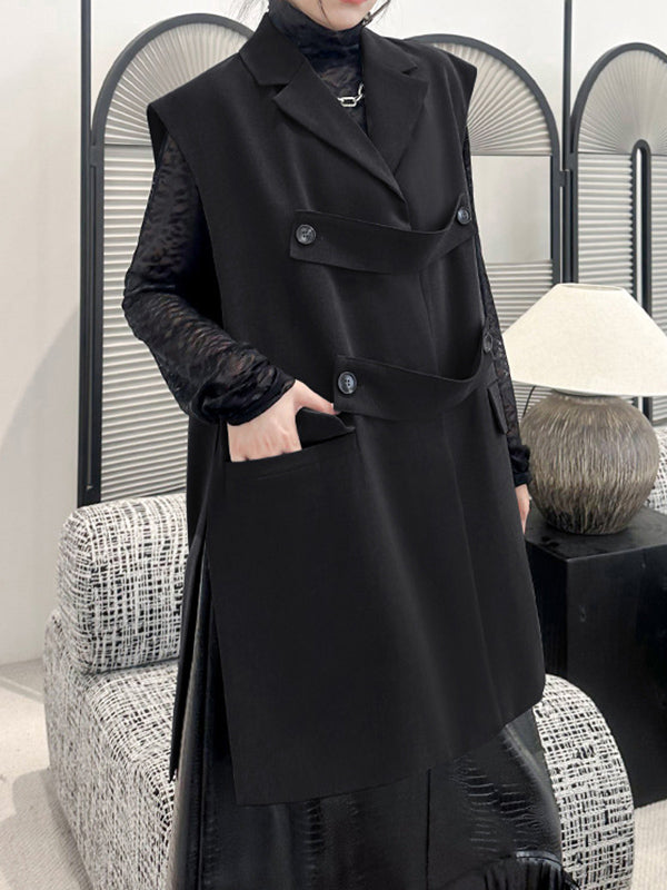 flowersverse Buttoned Pockets Split-Side Loose Sleeveless Notched Collar Vest Outerwear
