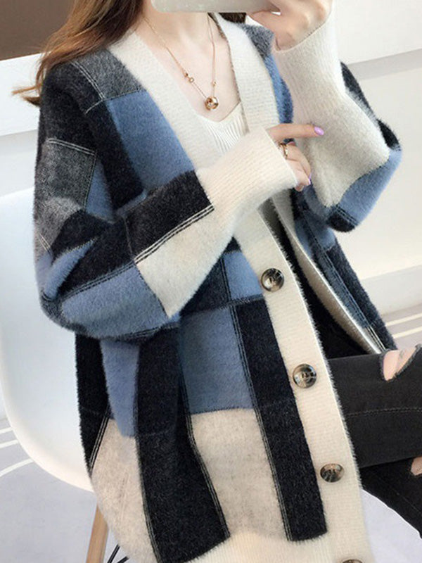 flowersverse Casual Long Sleeves Loose Buttoned Contrast Color Plaid Deep V-Neck Sweater Tops Cardigan Coats