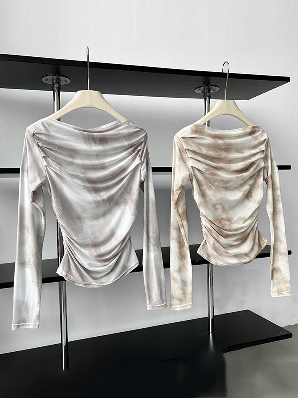 flowersverse Gauze Pleated Split-Joint Tie-Dyed Skinny Sun-Protection Off-The-Shoulder Blouses&Shirts Tops