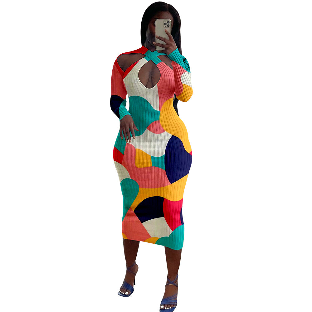 flowersverse Women's Multi-Color Ribbed Long Sleeves Midi Bodycon Dress