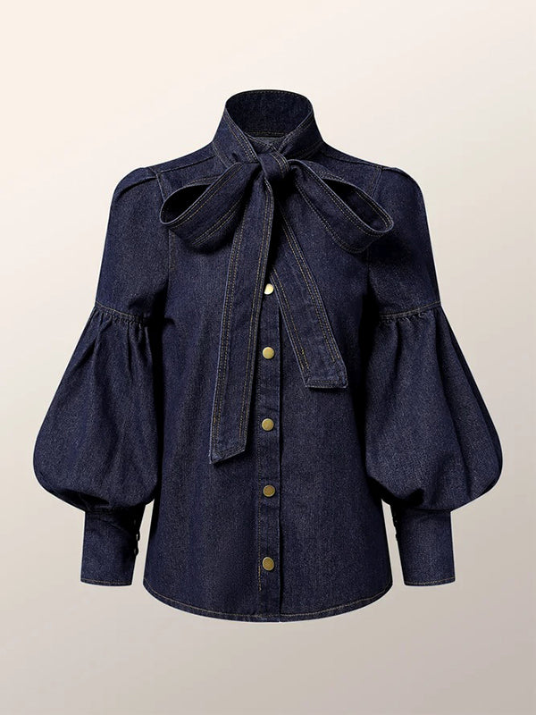 flowersverse Buttoned Split-Joint Tied Long Sleeves Puff Sleeves High Neck Denim Blouses&Shirts Tops