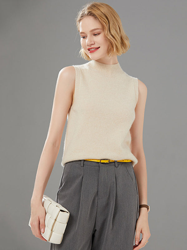 flowersverse Stylish Wool Sleeveless Solid Color Half Turtleneck Vest Top