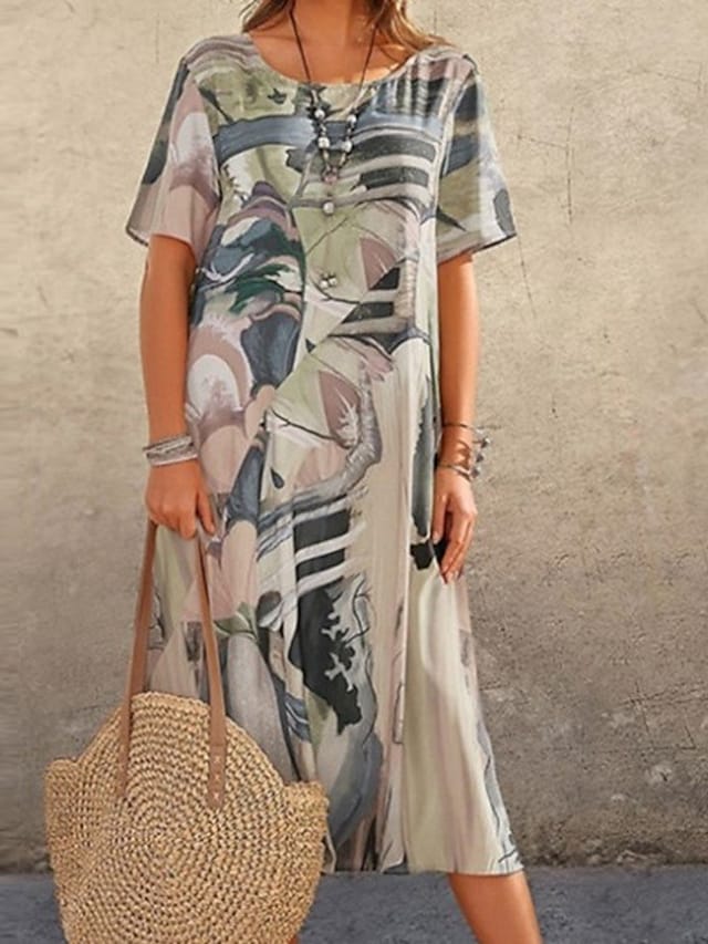 flowersverse Women's Casual Dress Shift Dress Midi Dress Yellow Red Blue Short Sleeve Print Print Spring Summer Crew Neck Casual Weekend S M L XL XXL 3XL 4XL 5XL