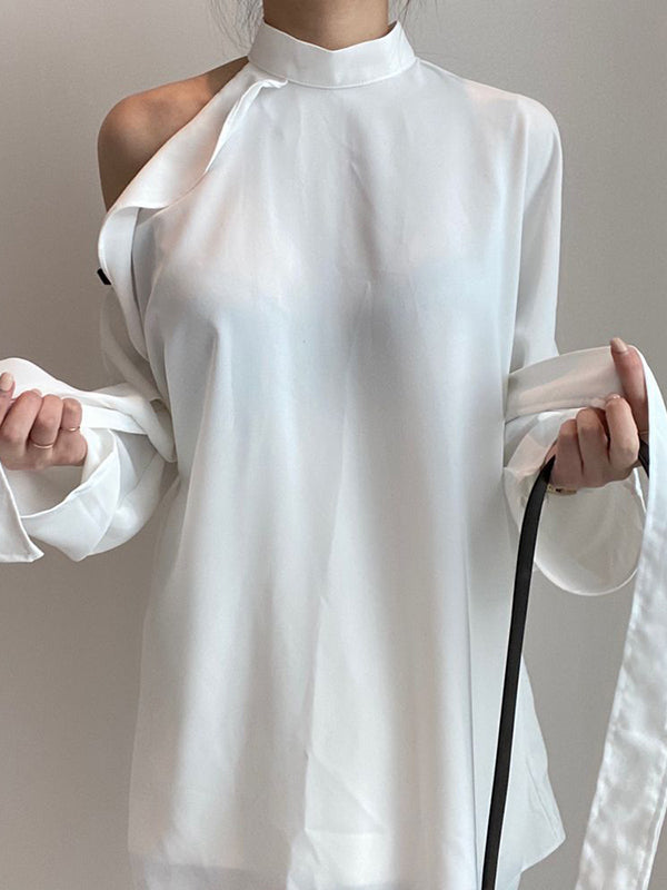 flowersverse Asymmetric Hollow Ruffled Solid Color Tied Waist Long Sleeves Loose Mock Neck Blouses&Shirts Tops