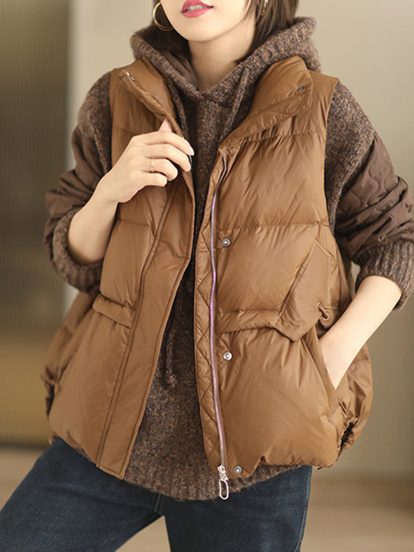 flowersverse Original Creation Loose Sleeveless Solid Color Zipper High-Neck Vest Outerwear