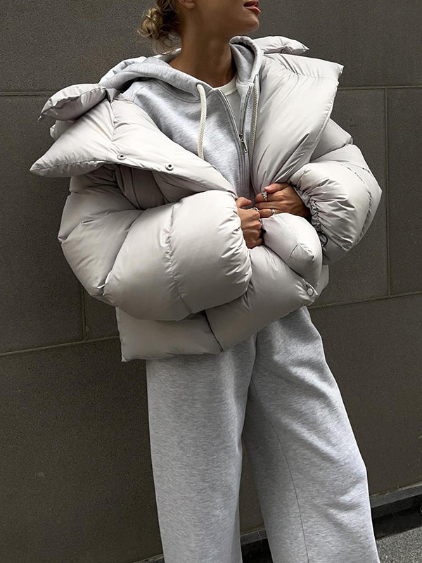 flowersverse Long Sleeves Loose Solid Color Split-Joint Hooded Padded Coat