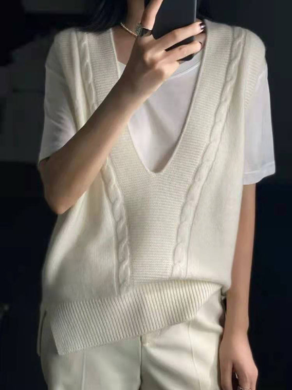 flowersverse Casual Loose Knitting Sleeveless Solid Color V-Neck Vest Top
