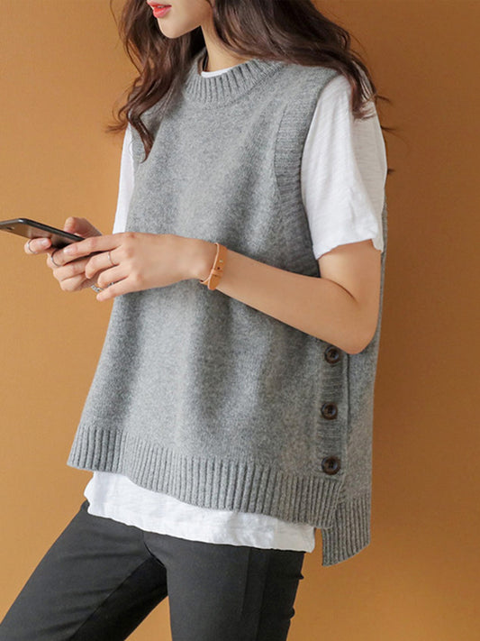 flowersverse Simple Sleeveless Loose Buttoned Solid Color Round-Neck Sweater Vest Outerwear
