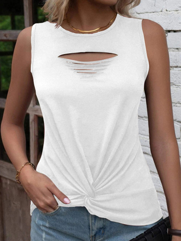 flowersverse Hollow Knot Pleated Solid Color Sleeveless Round-Neck Vest Top