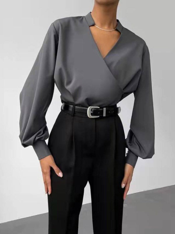 flowersverse Urban Solid Color Puff Sleeve V-Neck Blouse Top