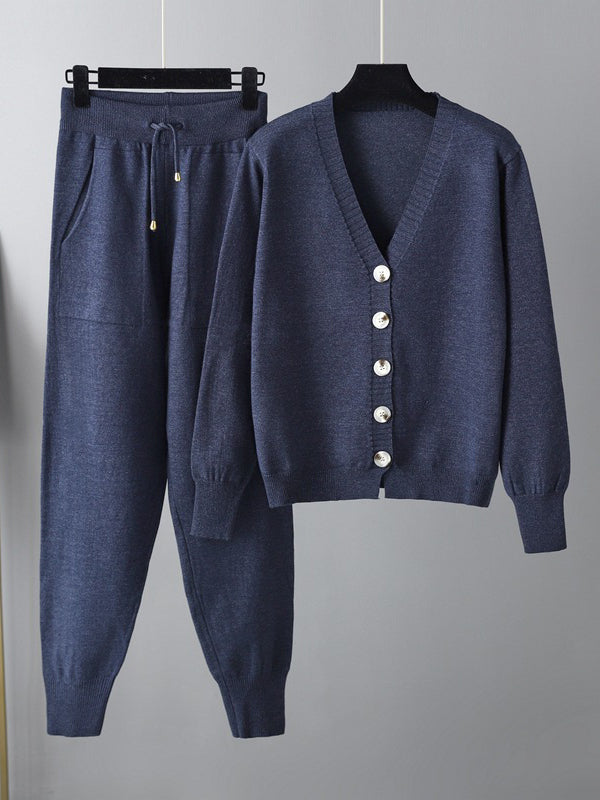 flowersverse Casual Loose Solid Color V-Neck Cardigan Tops & Harem Pants Two Pieces Set