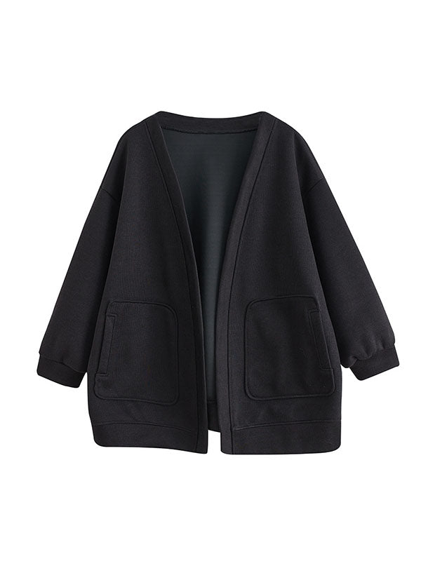 flowersverse Pockets Solid Color Long Sleeves Loose Collarless Outerwear