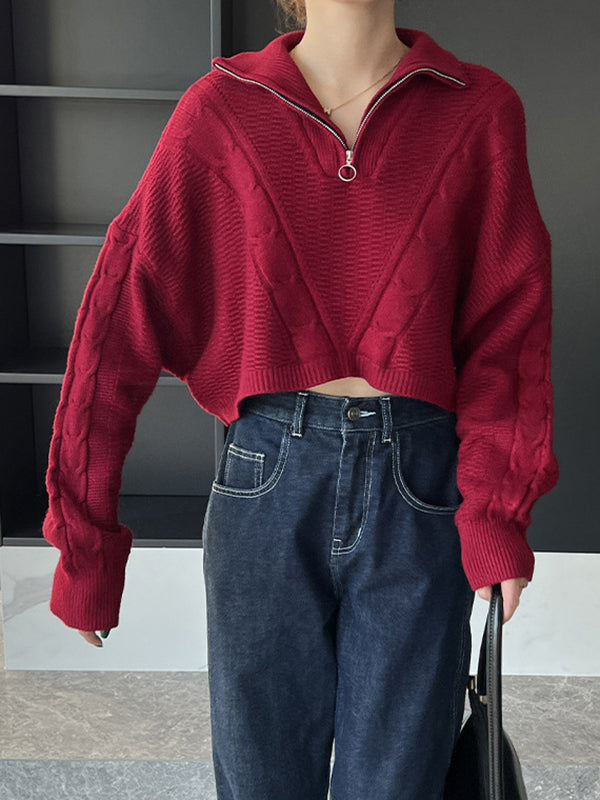 flowersverse Simple Batwing Sleeves Long Sleeves Jacquard Solid Color Lapel Collar Sweater Tops
