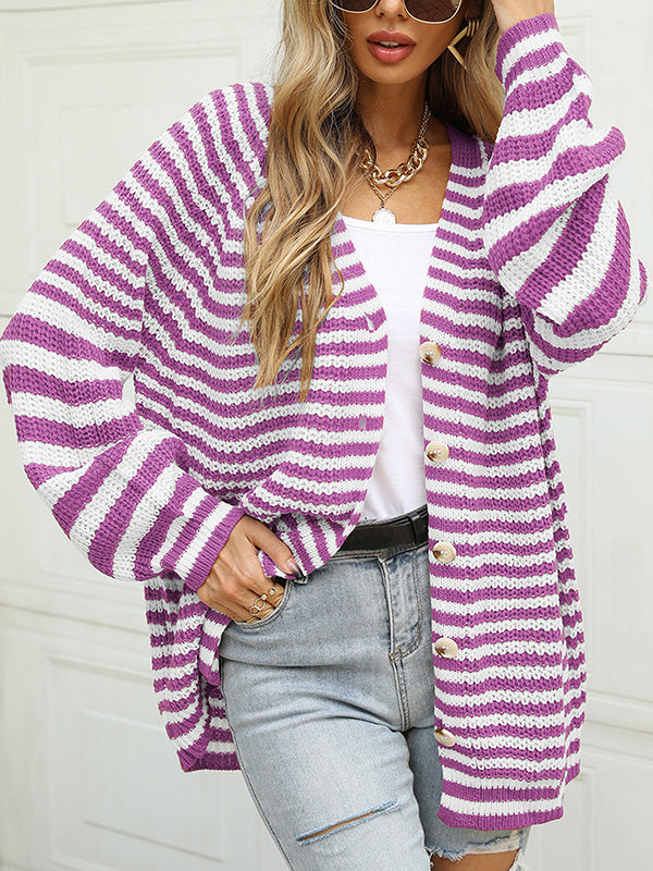 flowersverse Casual Loose Long Sleeves Striped V-Neck Cardigan Tops
