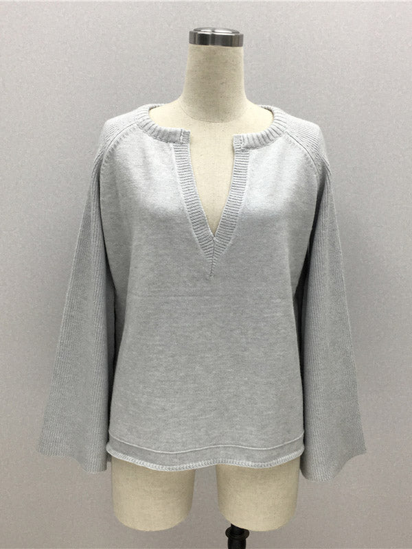 flowersverse Casual Long Sleeves Loose Solid Color V-Neck Sweater Tops