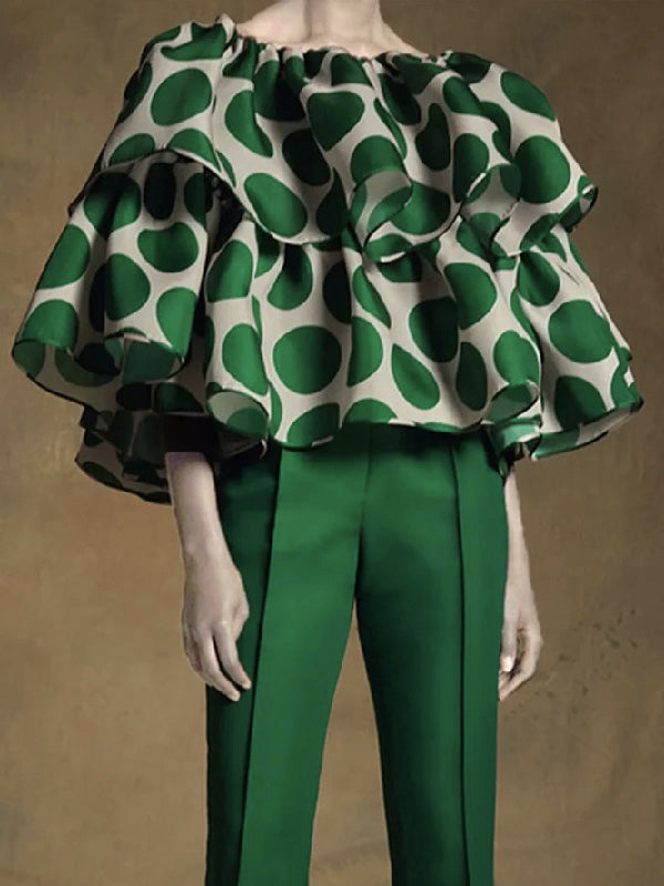 flowersverse Trendy Tops Loose Tiered Falbala Polka Dot Blouses&Shirts Tops