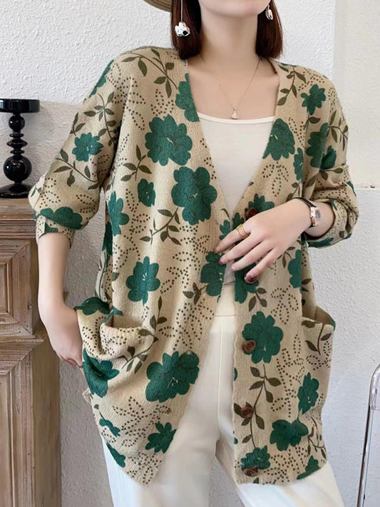 flowersverse Buttoned Knitted Flower Pockets Long Sleeves Loose V-Neck Cardigan Tops