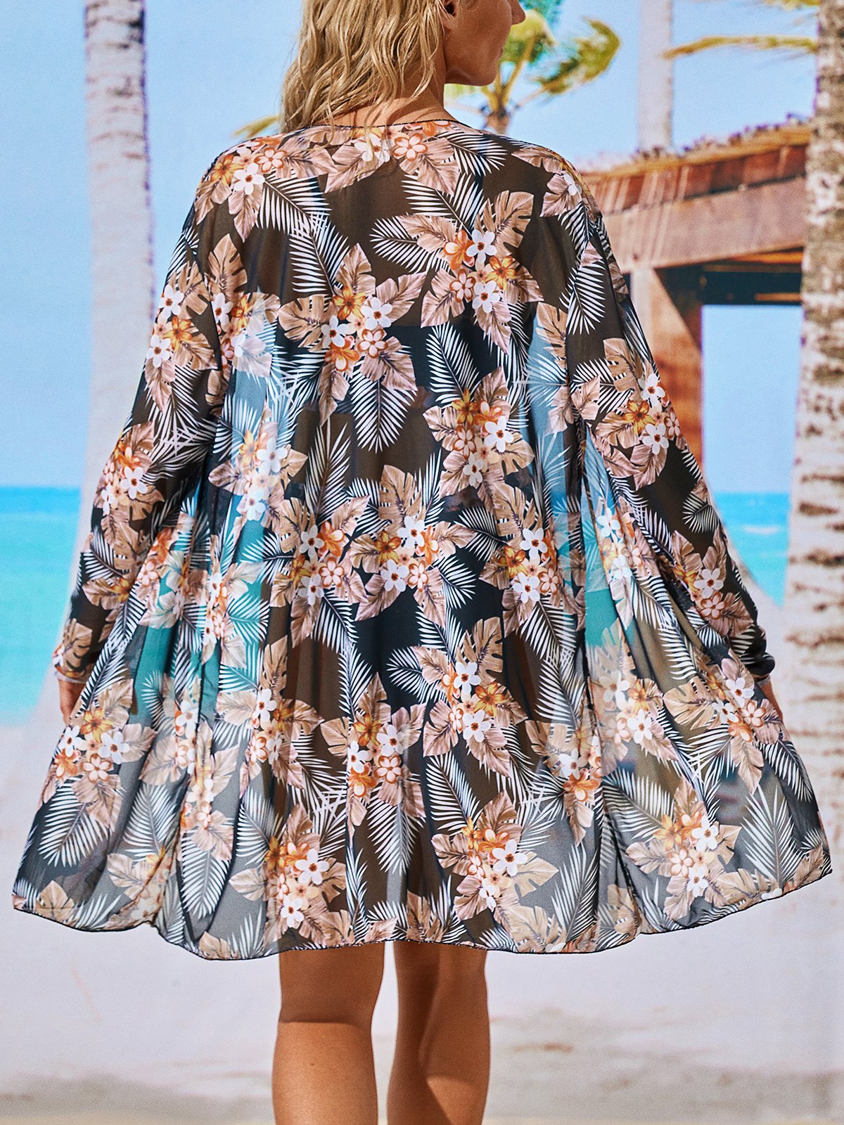 flowersverse Elegant Plants Printing Scoop Neck Bikinis set Three-Piece Set