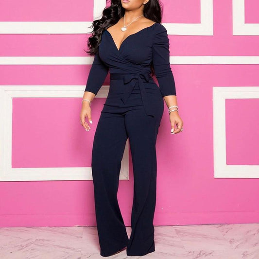 flowersverse Plus size long sleeve rompers womens jumspuit Sashes wrap wide leg pants Elegant v neck overalls for woman Solid color palysuits