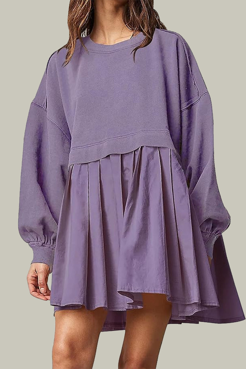 flowersverse Casual Solid Patchwork Contrast O Neck Pleated Dresses(6 Colors)