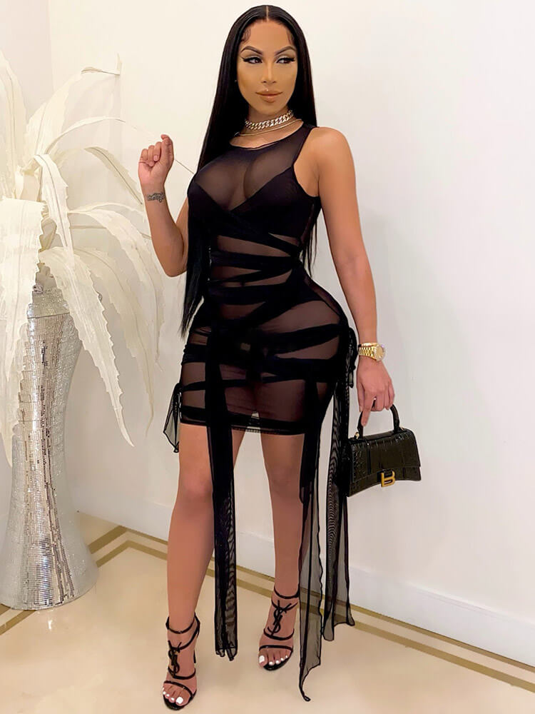 flowersverse Sheer Mesh Sleeveless Bodycon Mini Dresses