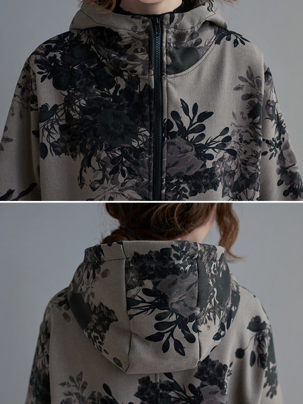 flowersverse Artistic Retro Loose Floral Printed Hooded Long Sleeves Outwear