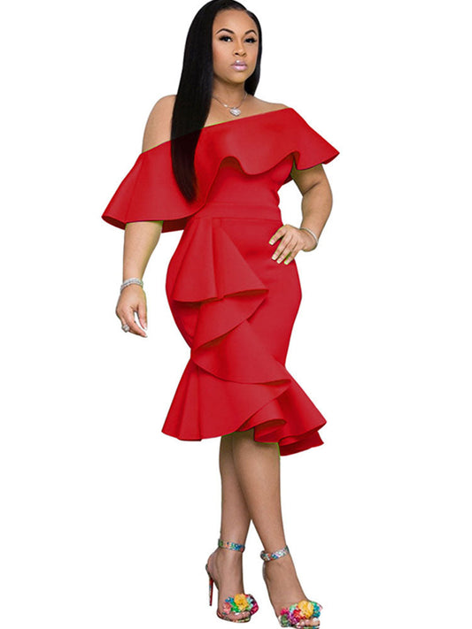 flowersverse One Shoulder Ruffle Bodycon Midi Dresses