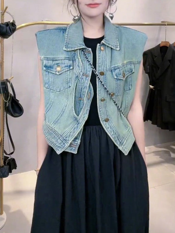 flowersverse Asymmetric Buttoned Pockets Split-Joint Loose Sleeveless Lapel Collar Vest Outerwear