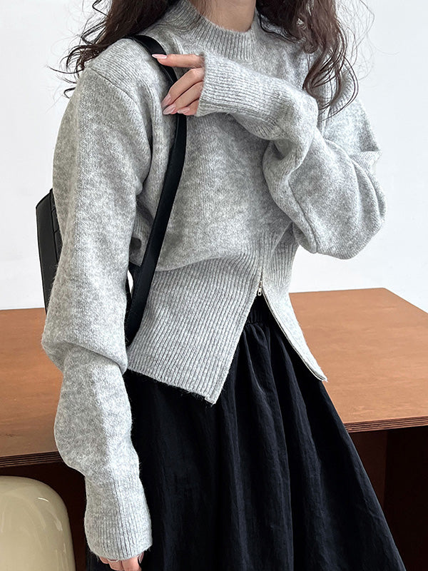 flowersverse Solid Color Zipper Long Sleeves Loose Mock Neck Sweater Tops Pullovers