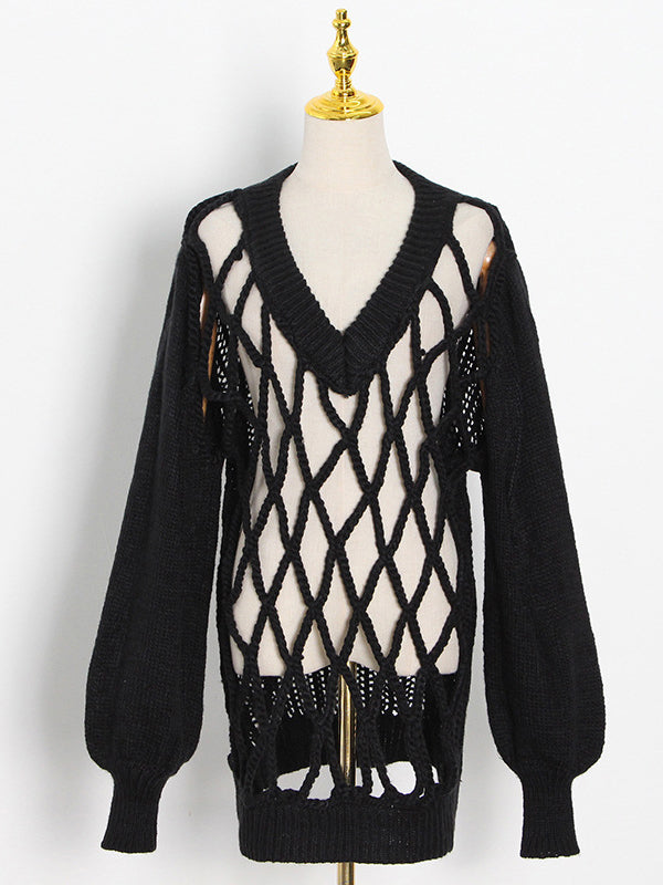 flowersverse Original Long Sleeves Loose Hollow Solid Color V-Neck Sweater Tops