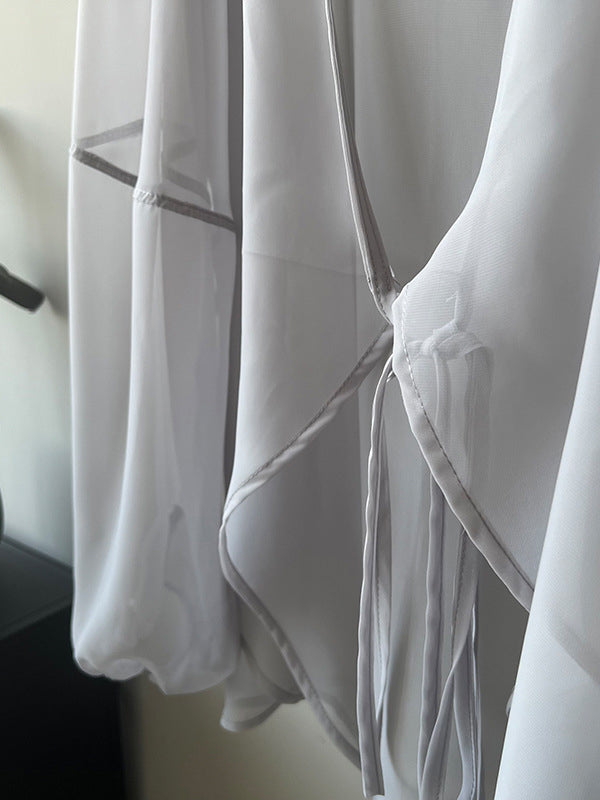 flowersverse Bishop Sleeve Long Sleeves See-Through Split-Joint Tied Collarless Blouses&Shirts Tops