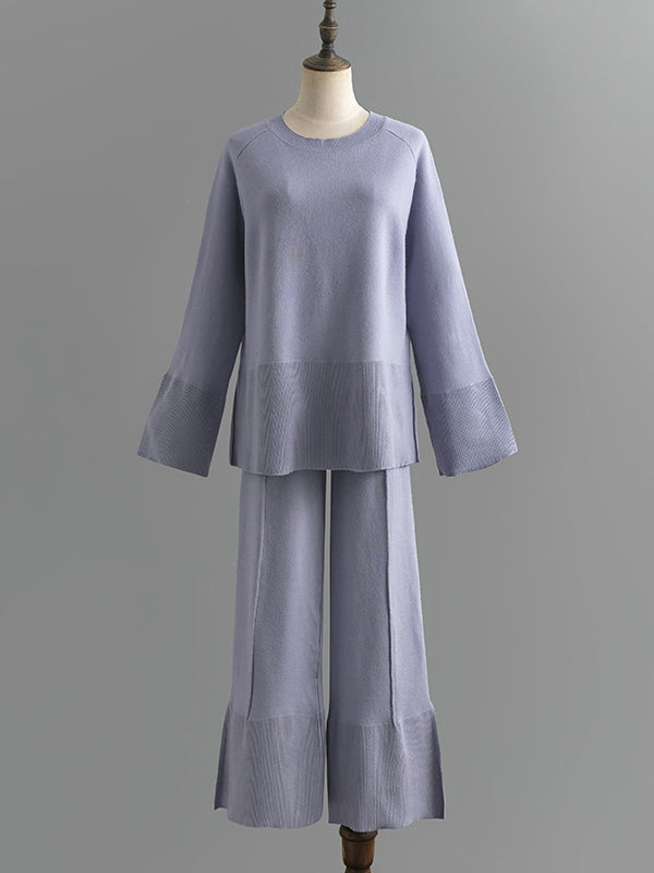 flowersverse Casual Long Sleeves Loose Solid Color Round-Neck Sweater Tops & Wide Leg Pants Two Pieces Set