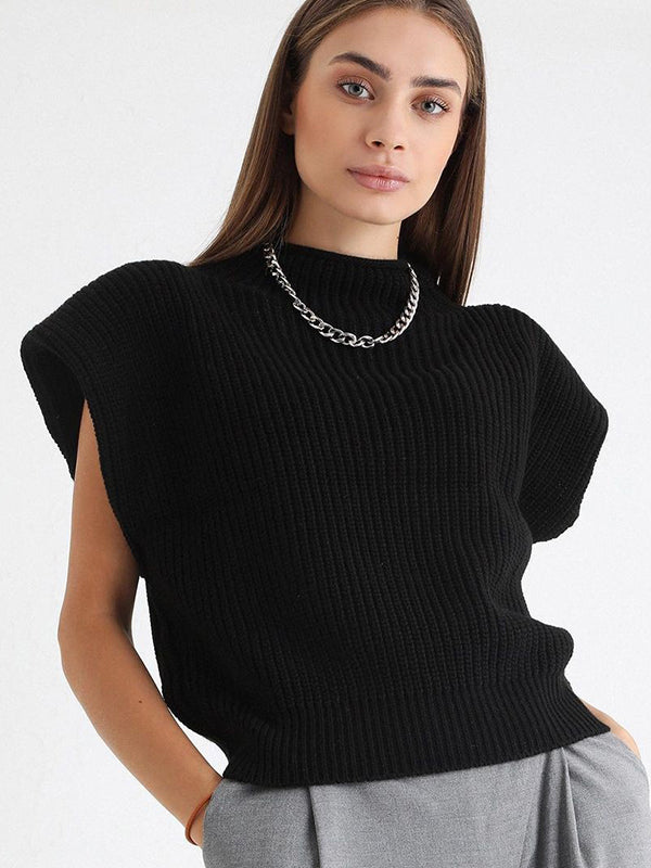 flowersverse Casual Cap Sleeve Solid Color High-Neck Sweater Tops Pullovers