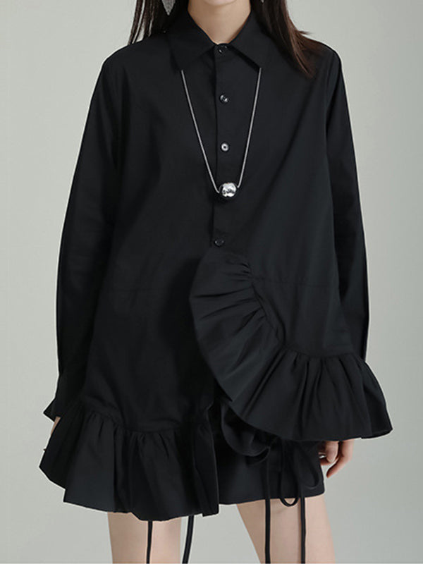 flowersverse Asymmetric Solid Color Cropped Long Sleeves Lapel Blouses&shirts Tops