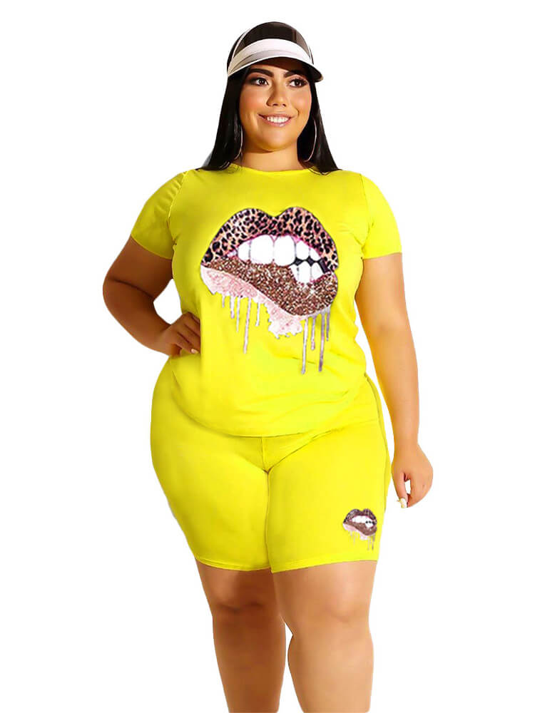 flowersverse Plus Size Two Piece Short Sleeve Tops+Shorts Sets