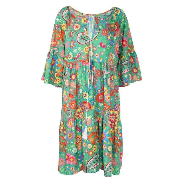 flowersverse Summer Women Boho Floral Long Sleeve Dress Holiday Beach Shirt Dress Ladies Print Mini Dress Plus Size