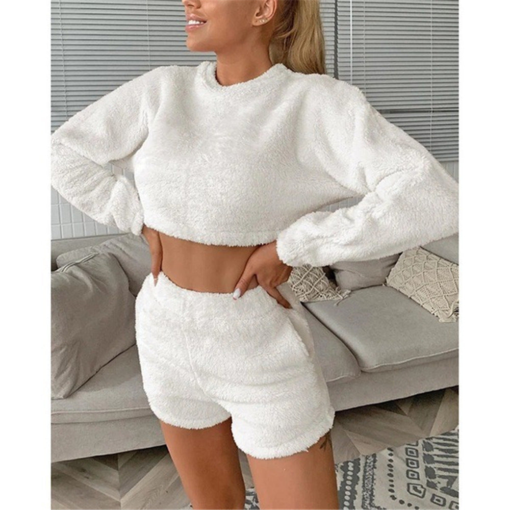 flowersverse High Waist Long Sleeves Flocking Plus Shorts Home Leisure Coral Fleece Suit