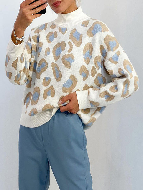 flowersverse Leopard Long Sleeves Loose Mock Neck Sweater Tops Pullovers