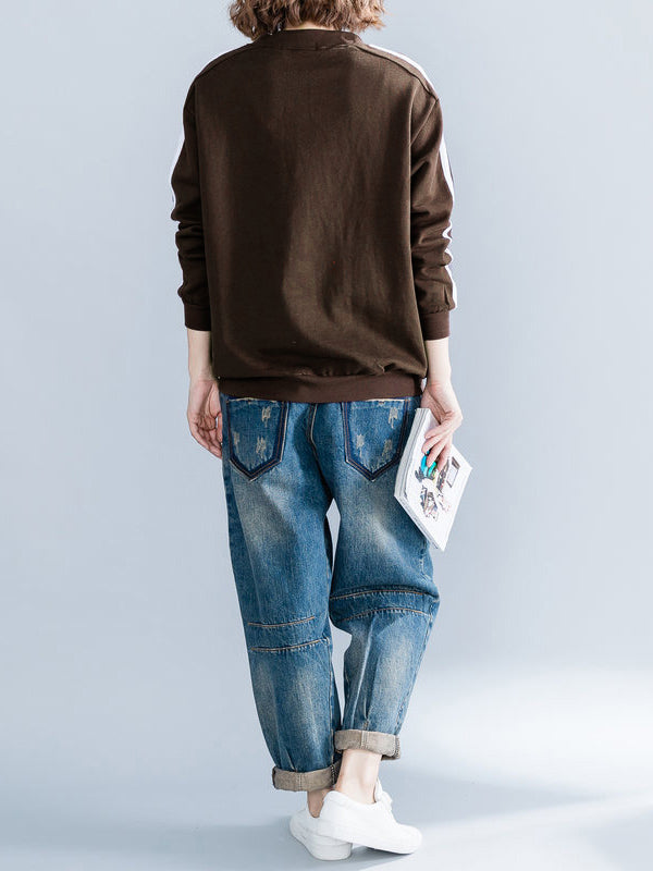 flowersverse Striped Cropped Long Sleeves Round-neck Hoodies&Sweatshirt