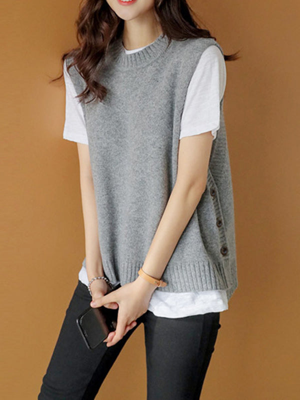 flowersverse Simple Sleeveless Loose Buttoned Solid Color Round-Neck Sweater Vest Outerwear
