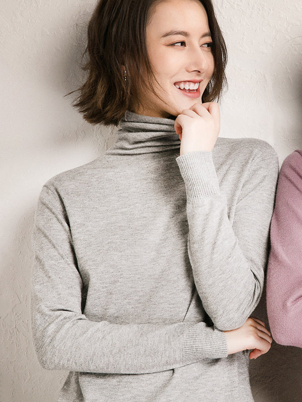 flowersverse Simple Loose Long Sleeves Solid Color High-Neck Sweater Tops