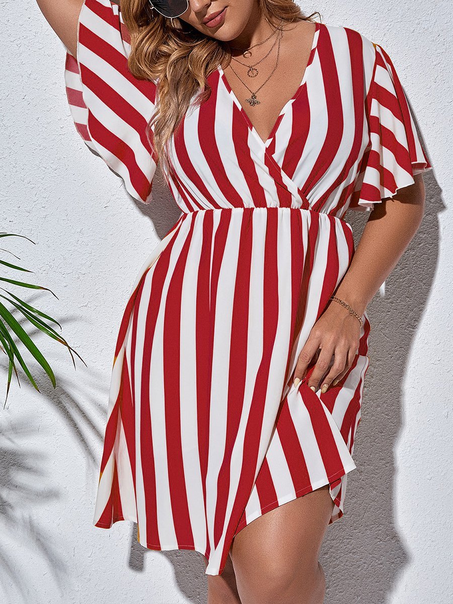 flowersverse Holiday Short Sleeve V Neck A-line Weaving Dress