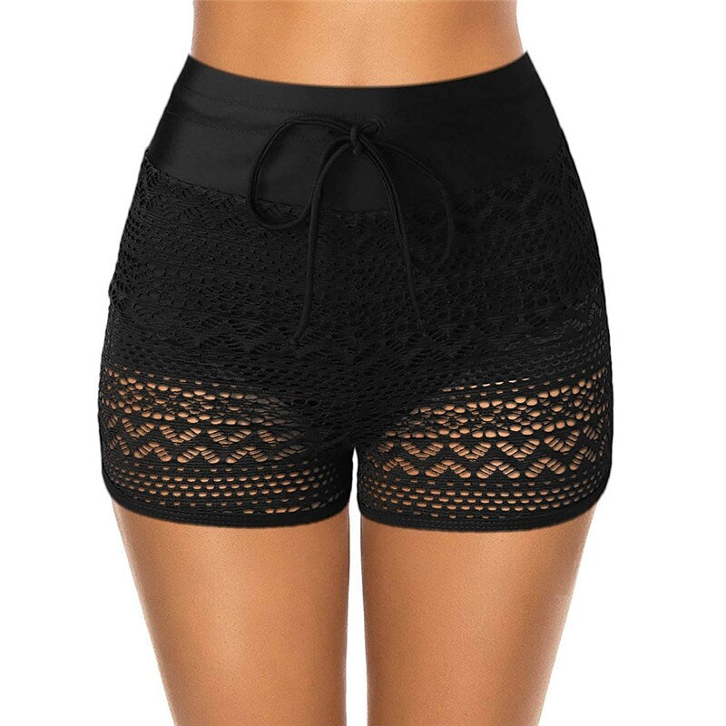 flowersverse Women's Swimwear Cover Up Swim Shorts Plus Size Swimsuit Lace Elastic Waist Pure Color Black Navy Blue Bathing Suits Sports Vacation Neutral