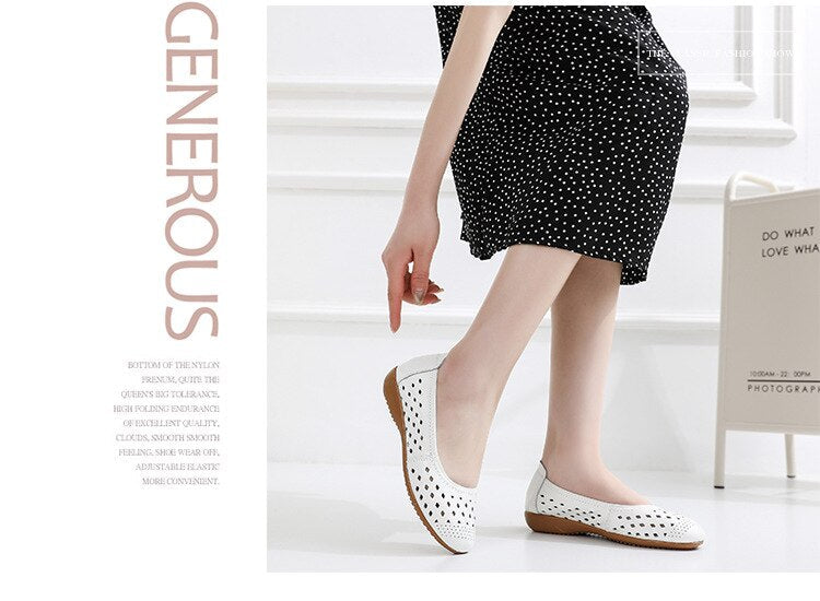 flowersverse Spring Genuine Leather Flat Summer Shoes Women Casual Hollow Breathable Soft Bottom Ladies Flats Plus Size 35-43