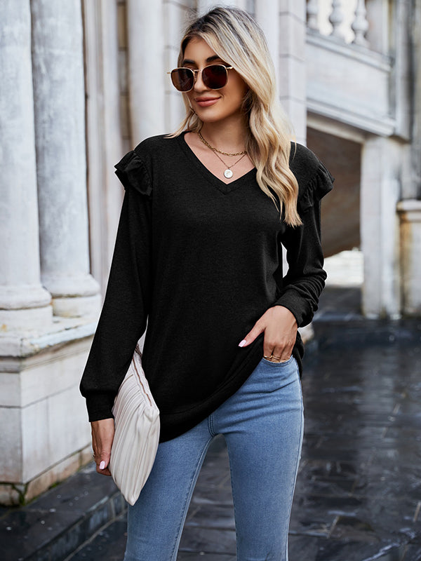 flowersverse Casual Loose Solid Color V-Neck Shirts Top